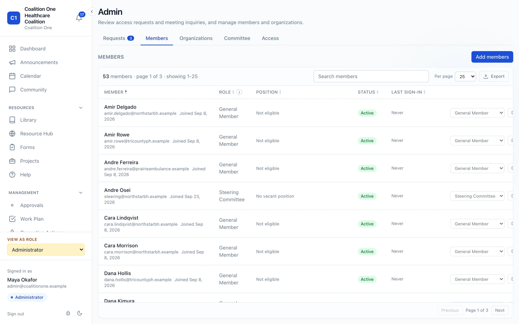 Admin members tab with a searchable roster showing role, position, status, and last sign-in