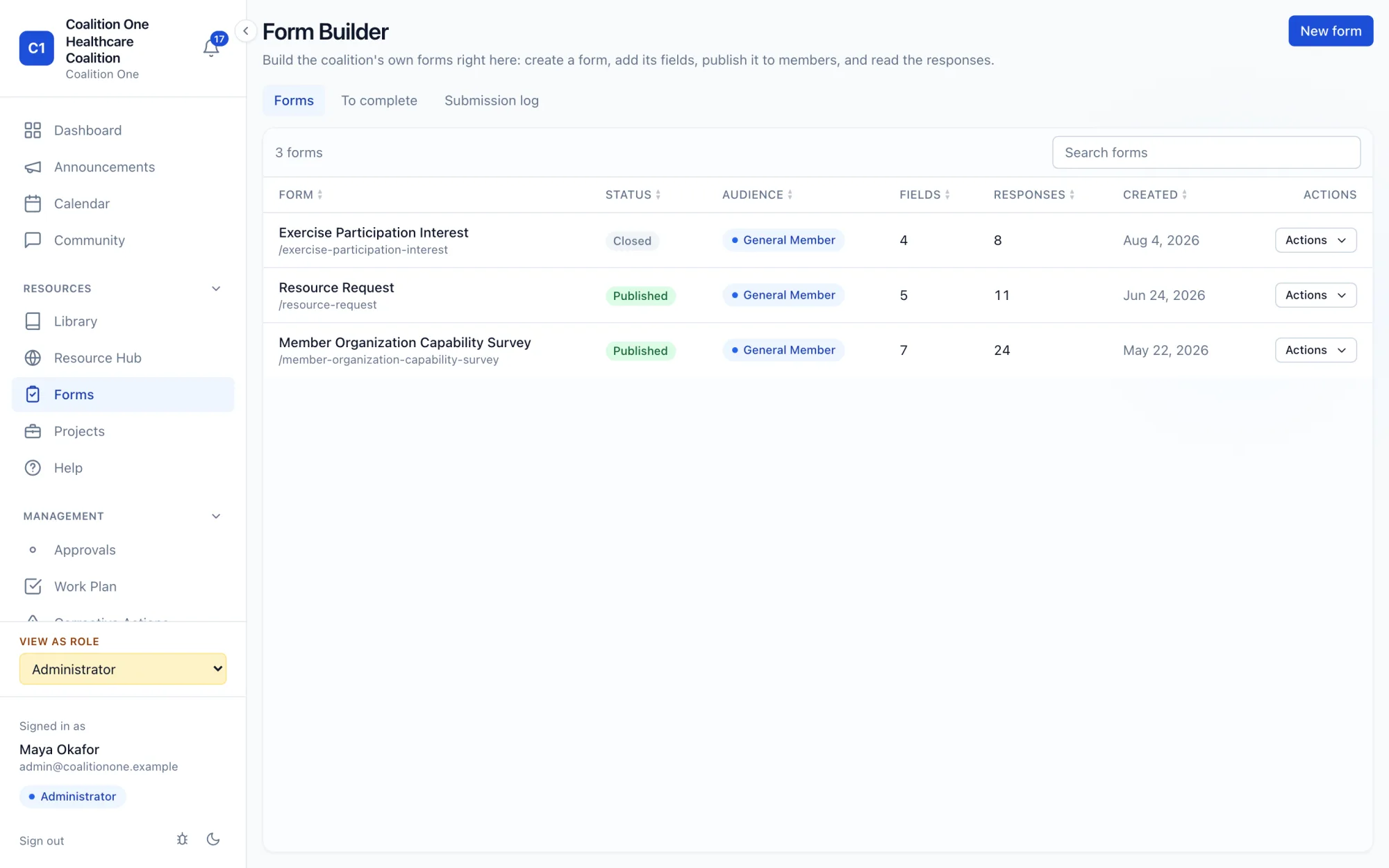 Form builder listing coalition forms with status, audience, field counts, and responses
